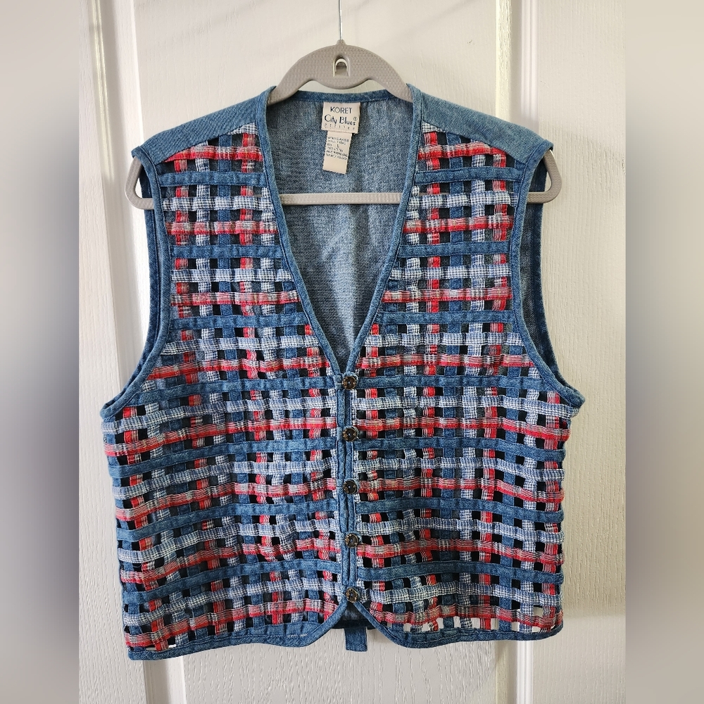 Koret‎ City Blues Vintage Womens Denim Vest Sweater Open Weave Woven  size L